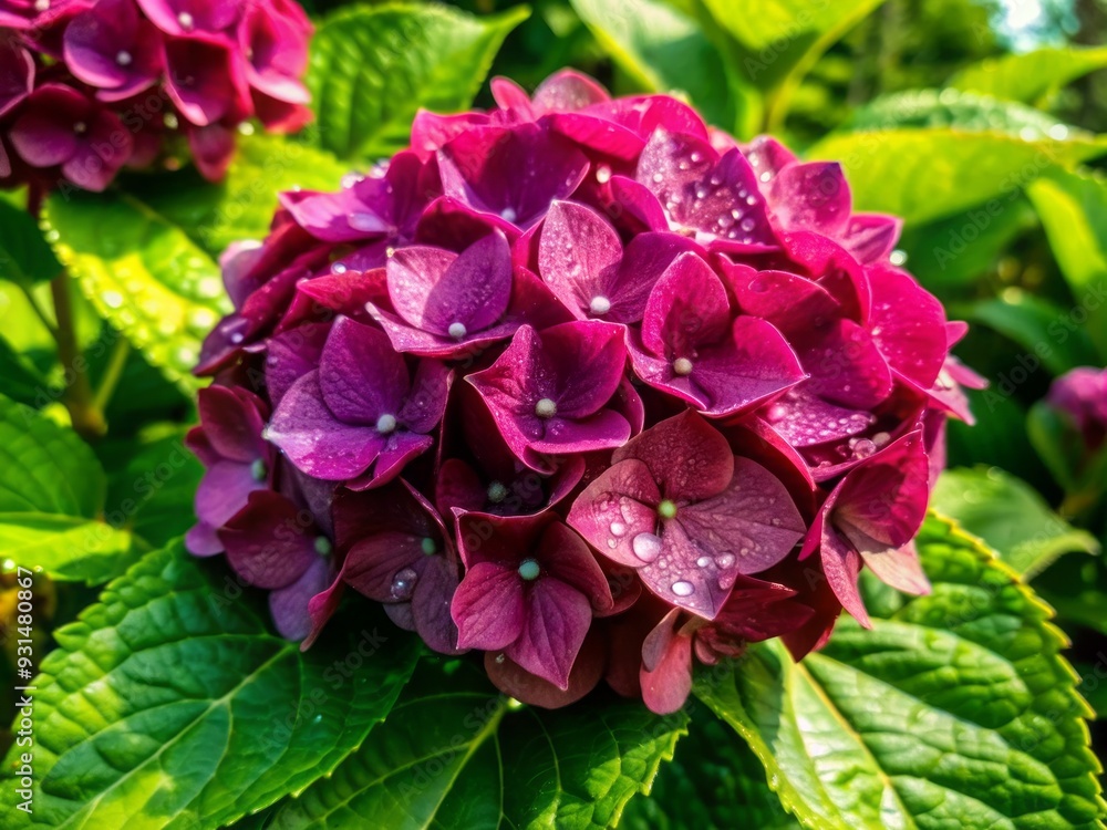 Delicate purple blooms of hydrangea bush thrive in a lush green garden setting, surrounded by vibrant foliage and subtle morning dew droplets glisten. Delicate purple blooms of hydrangea bush thrive in a lush green garden setting, surrounded by vibrant foliage and subtle morning dew droplets glisten.