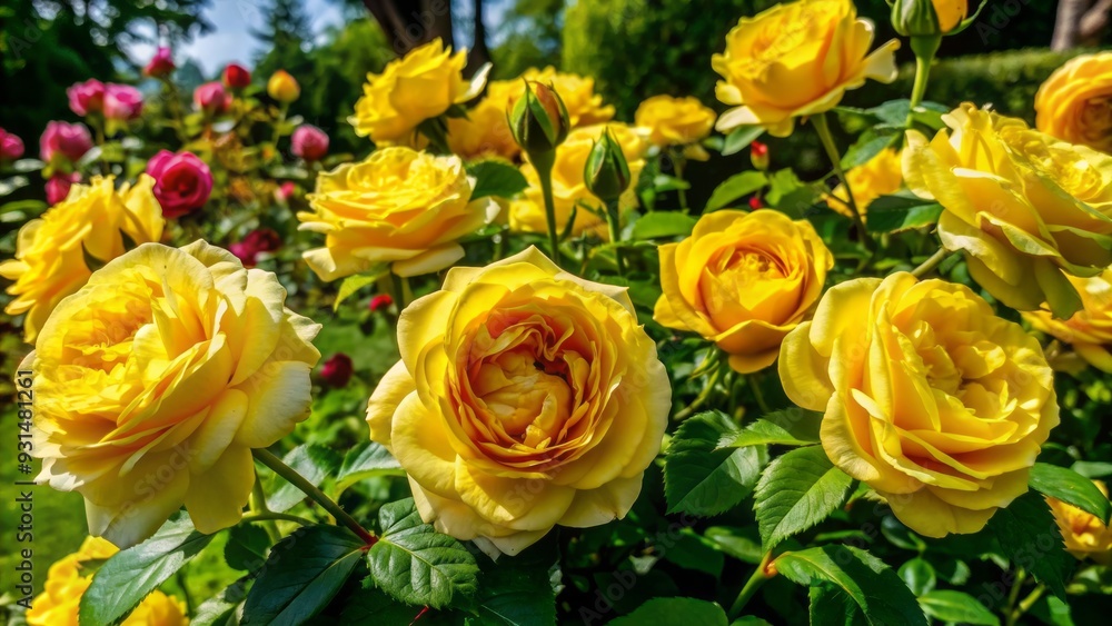 Vibrant yellow roses in full bloom overflow with petals, surrounded by lush greenery, creating a serene and tranquil atmosphere in a stunning garden setting. Vibrant yellow roses in full bloom overflow with petals, surrounded by lush greenery, creating a serene and tranquil atmosphere in a stunning garden setting.
