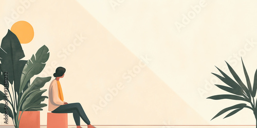 Person relaxing in a serene plant-filled space impersonal  copy space