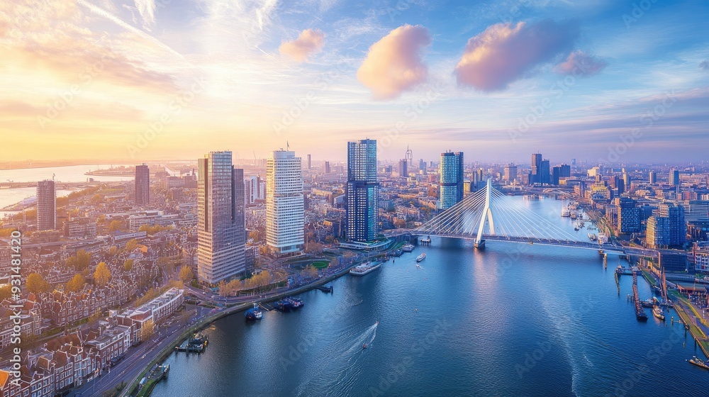 Fototapeta premium Bird-eye view of Rotterdam's skyline with the Erasmus Bridge, modern architecture, and bustling harbor.