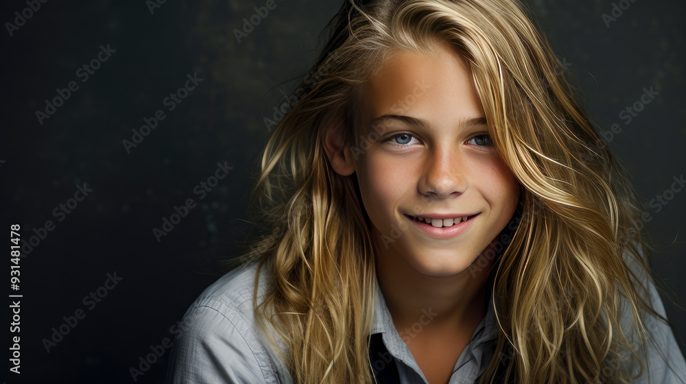 Portrait of a happy smiling blond, long haired confident teenage guy with perfect skin, silver background, banner.
