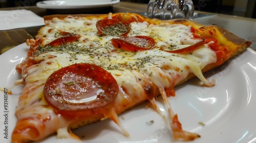 Mouthwatering slice of pizza with melted cheese pepperoni and a crispy crust ready to be enjoyed photo