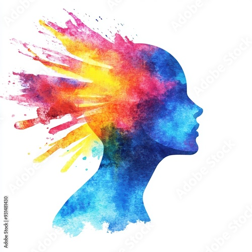 Abstract watercolor profile of a human head with vibrant, colorful light bursts radiating outward, symbolizing creativity and the flow of innovative ideas