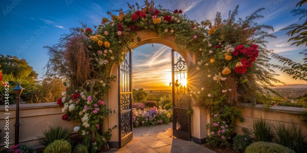 Warm sunset light illuminates an intricately designed garden doorway, adorned with a vibrant lush floral arrangement, creating a whimsical and romantic atmosphere. Warm sunset light illuminates an intricately designed garden doorway, adorned with a vibrant lush floral arrangement, creating a whimsical and romantic atmosphere.