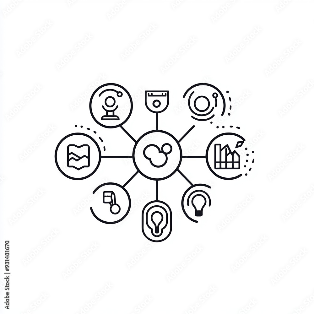 Overlapping circles with various icons, representing a collection of interconnected ideas, minimalist line art on a white background