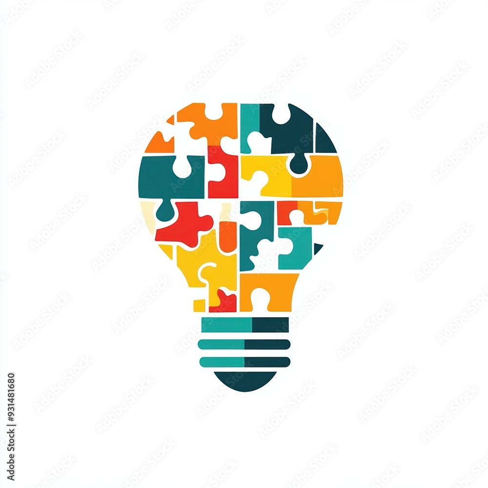 Puzzle pieces forming a light bulb, representing the combination of ideas and problem-solving, geometric design on white background