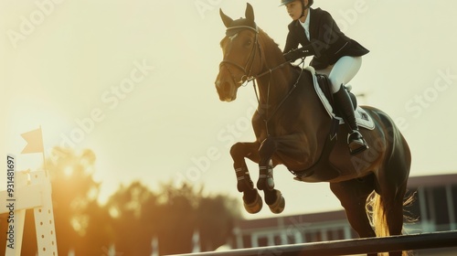 A skilled rider and majestic horse in perfect harmony leap over an obstacle under the golden light of sunset at an equestrian event.