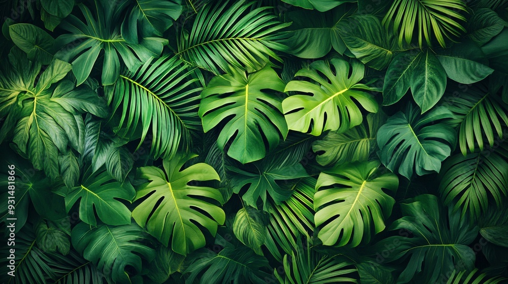 Pattern of tropical leaves with a gradient of green shades creating a lush background Pattern of tropical leaves with a gradient of green shades creating a lush background