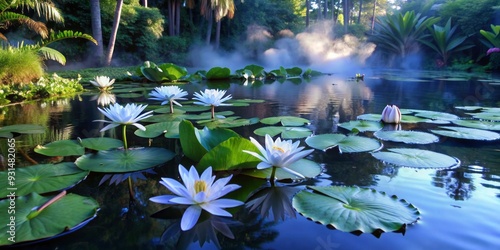 Serene pond scene with vibrant green water lilies and delicate white blooms floating on rippled water surrounded by lush tropical foliage and subtle morning mist. photo