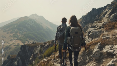 A couple hiking along a scenic mountain trail with backpacks, basking in the sunlight and surrounded by rugged terrain.