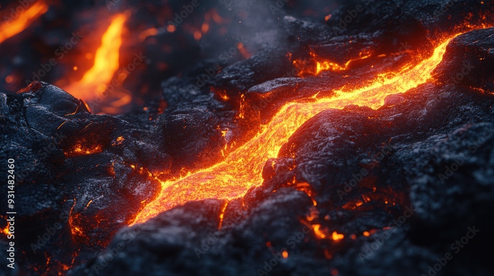 Fototapeta premium Close-up of molten lava flowing over blackened rocks, with glowing cracks and steam rising into the night air.