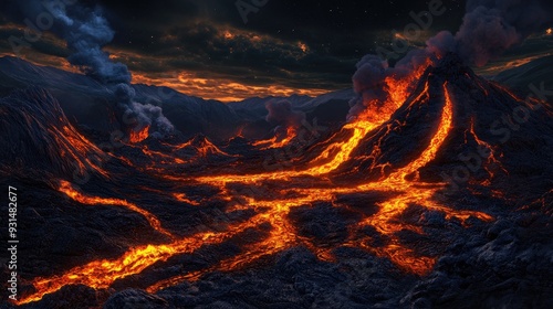 Dramatic 3D painting of a volcanic night landscape, with molten lava illuminating the darkness.