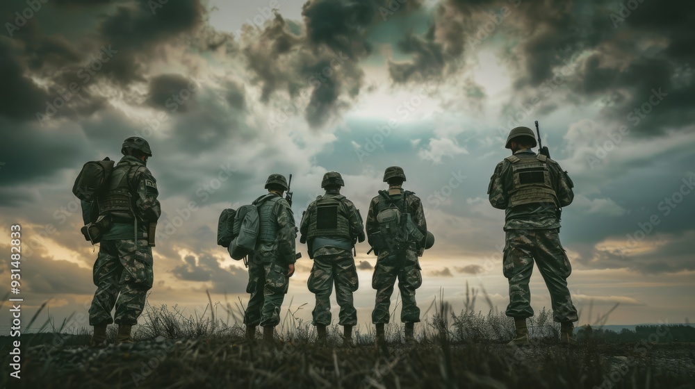 Soldiers stand united under a stormy sky, emphasizing camaraderie and resilience against a dramatic backdrop of dark clouds and fading light. Soldiers stand united under a stormy sky, emphasizing camaraderie and resilience against a dramatic backdrop of dark clouds and fading light.