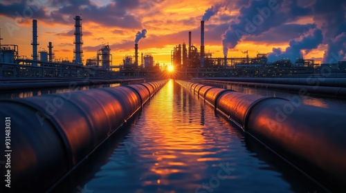 Industrial Pipeline Network at Sunset. Extensive network of industrial pipelines reflects the vibrant colors of the sunset, with a large refinery in the background.