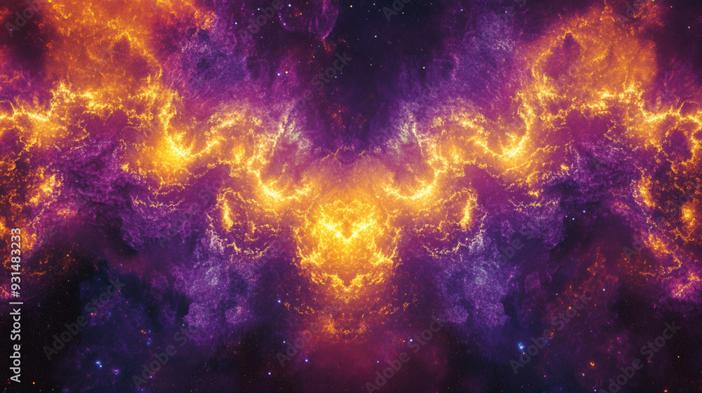 Naklejka premium A vibrant galaxy-inspired fractal design in shades of purple and yellow