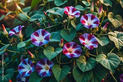 Delicate, trumpet-shaped Wild Japanese morning glory flowers bloom in shades of pink, white, and purple, entwining vines with heart-shaped leaves, in a lush, sun-kissed garden scene. photo