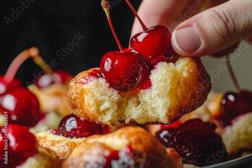 Taking a bite of a delicious cherry popover.