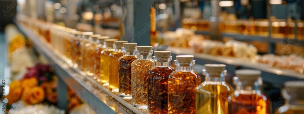 Rows of herbal oil bottles in a traditional apothecary setting Rows of herbal oil bottles in a traditional apothecary setting