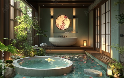 Luxurious Edo Periodinspired bathroom, multicultural resort setting, traditional Japanese aesthetics, tranquil atmosphere photo