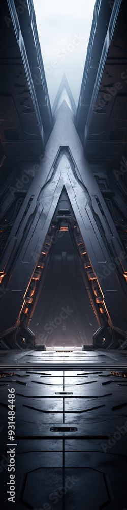 Fototapeta premium Futuristic metallic structure with glowing lights and a narrow pathway.