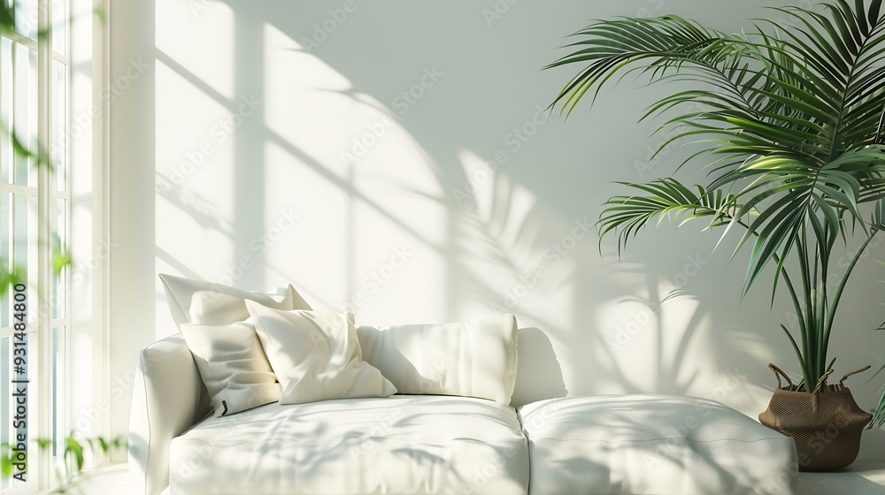 interior of a white room with a sofa window and a green palm tree : Generative AI interior of a white room with a sofa window and a green palm tree : Generative AI