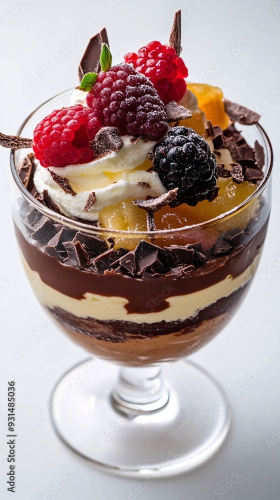 A gourmet dessert featuring layers of chocolate and fruit, presented with elegance on a light solid color surface A gourmet dessert featuring layers of chocolate and fruit, presented with elegance on a light solid color surface