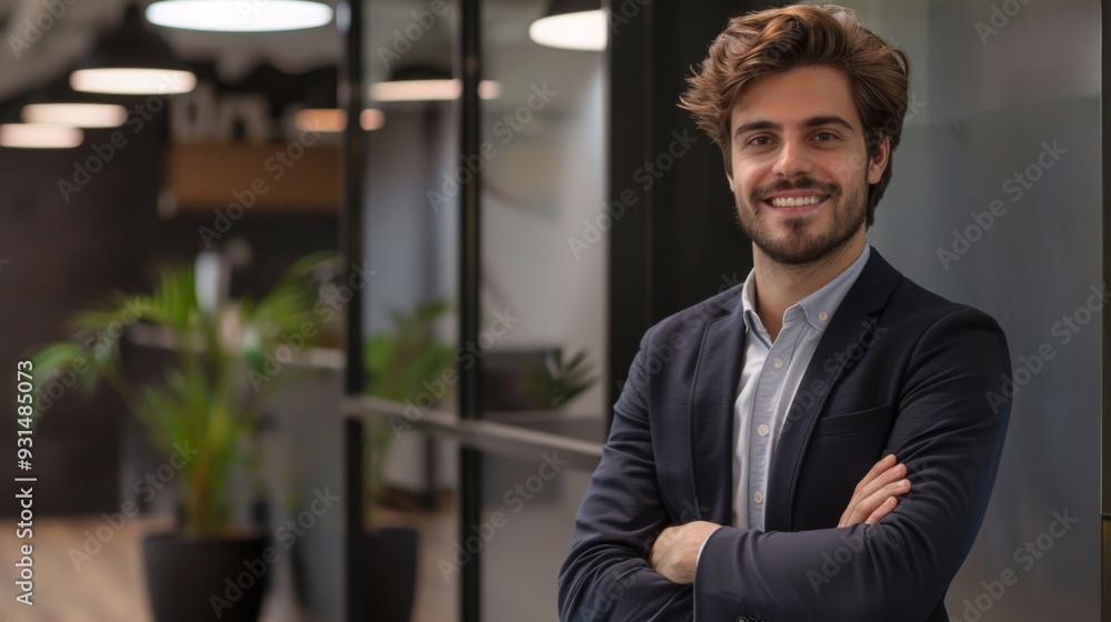 Fototapeta premium Smiling handsome businessman with crossed arms in modern office, young man exuding confidence, business success concept.