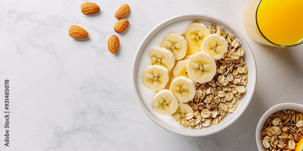 A healthy breakfast spread featuring alongside a glass of freshly squeezed orange juice on a white marble counter A healthy breakfast spread featuring alongside a glass of freshly squeezed orange juice on a white marble counter