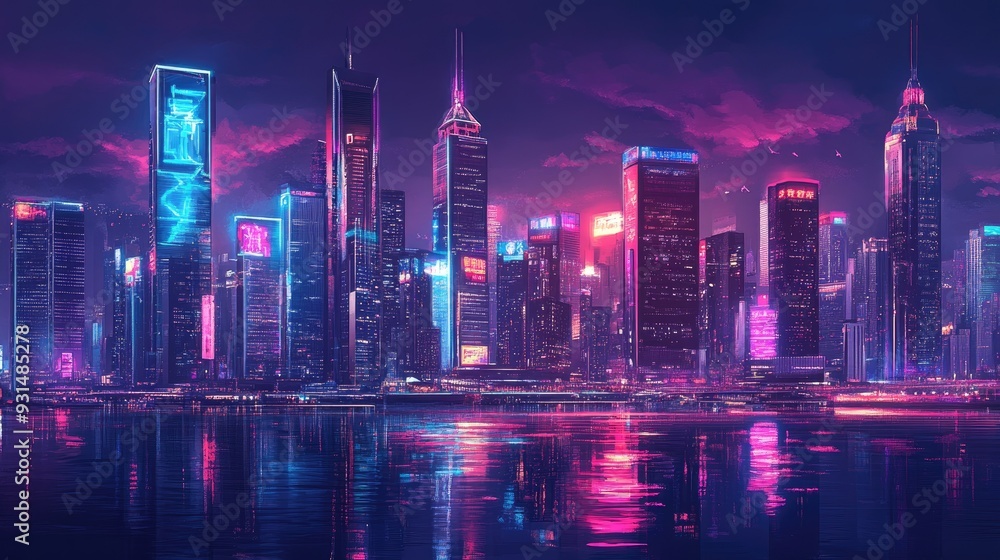 The glowing city skyline at night with towering skyscrapers, neon signs, and bright reflections on the river. The glowing city skyline at night with towering skyscrapers, neon signs, and bright reflections on the river.