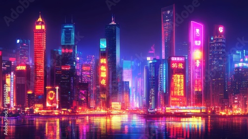 The glowing city skyline at night with towering skyscrapers, neon signs, and bright reflections on the river.