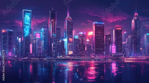 The glowing city skyline at night with towering skyscrapers, neon signs, and bright reflections on the river.