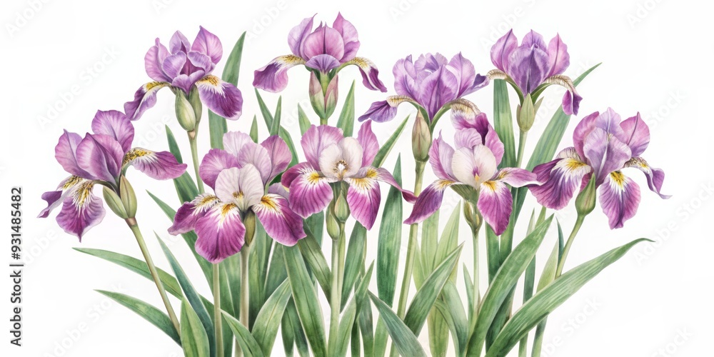 Obraz premium Delicate watercolor depiction of vibrant purple iris flowers with lush green leaves set against a crisp white background, evoking whimsy and serenity.