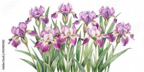 Delicate watercolor depiction of vibrant purple iris flowers with lush green leaves set against a crisp white background, evoking whimsy and serenity.