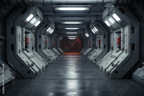 Fototapeta Naklejka Na Ścianę i Meble -  Futuristic spaceship corridor with glowing lights.