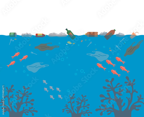 Ocean pollution vector illustration. Impurities in water disrupt natural balance oceans delicate ecosystem Ocean pollution is environmental problem demands urgent and sustained action