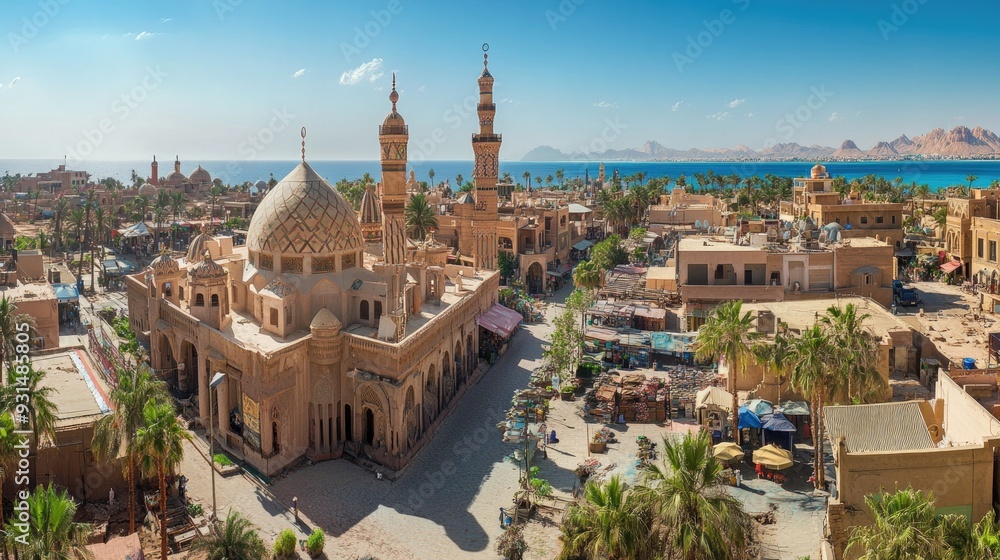 Fototapeta premium Widescreen panorama of Sharm El Sheikh Old Market, highlighting the majestic Al Sahaba Mosque and distant sea.