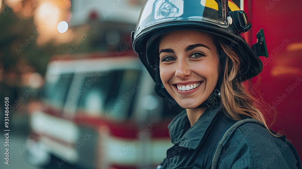 A cheerful female firefighter stands proudly by a fire truck, helmet on, smile bright, exuding confidence and strength A cheerful female firefighter stands proudly by a fire truck, helmet on, smile bright, exuding confidence and strength
