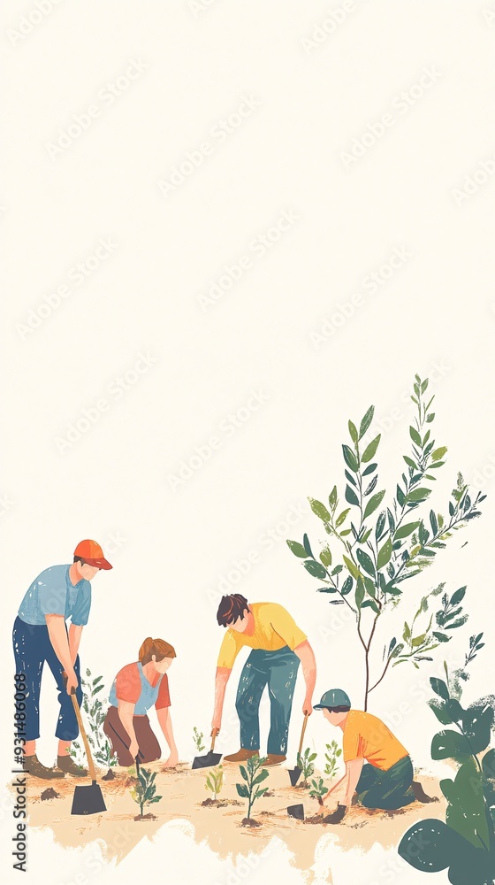 A group of conservation workers planting young saplings in a reforestation project, with shovels and tools scattered around, set against a light solid color background A group of conservation workers planting young saplings in a reforestation project, with shovels and tools scattered around, set against a light solid color background