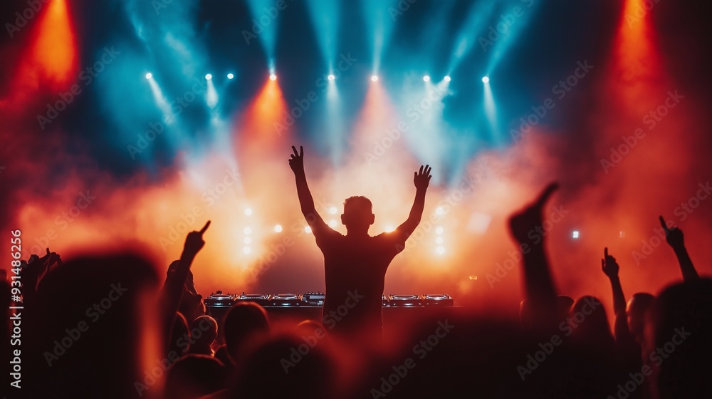 Fototapeta premium people having fun at rock concert, Live concert with bright stage lights and smoke, DJ performing