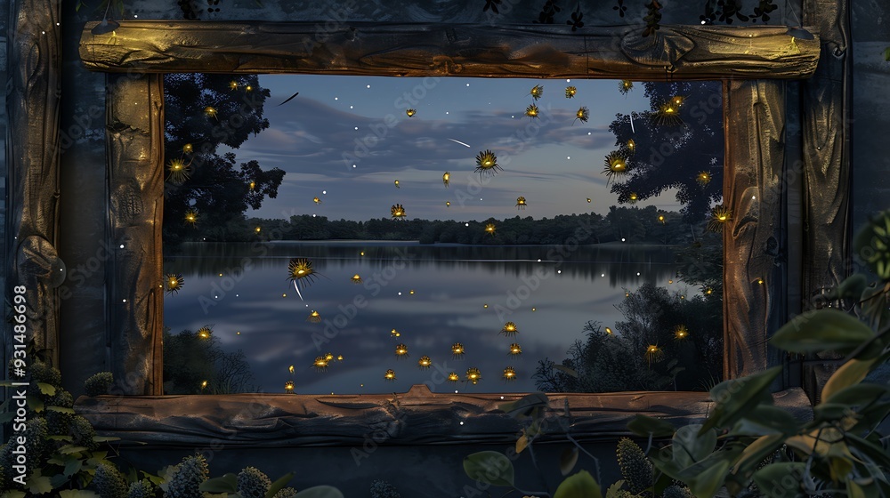 A hyper-realistic night view of Lampyridae over a calm lake, framed in a rustic wooden mockup on a restaurant wall. generative ai A hyper-realistic night view of Lampyridae over a calm lake, framed in a rustic wooden mockup on a restaurant wall. generative ai