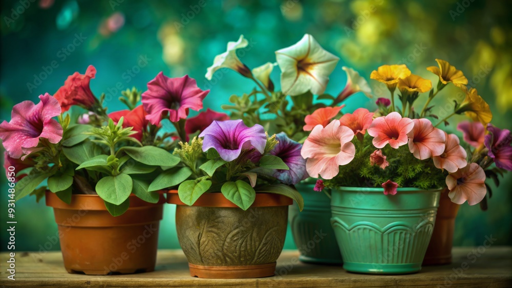 Vibrant petunia flowers in assorted pots spill over with colorful blooms, delicate petals, and sturdy stems, against a soft, blurred green and brown background. Vibrant petunia flowers in assorted pots spill over with colorful blooms, delicate petals, and sturdy stems, against a soft, blurred green and brown background.