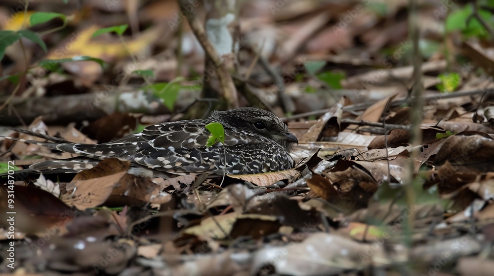 Nightjar camouflaged against the forest floor its mottled feathers blending perfectly with the leaves Nightjar camouflaged against the forest floor its mottled feathers blending perfectly with the leaves