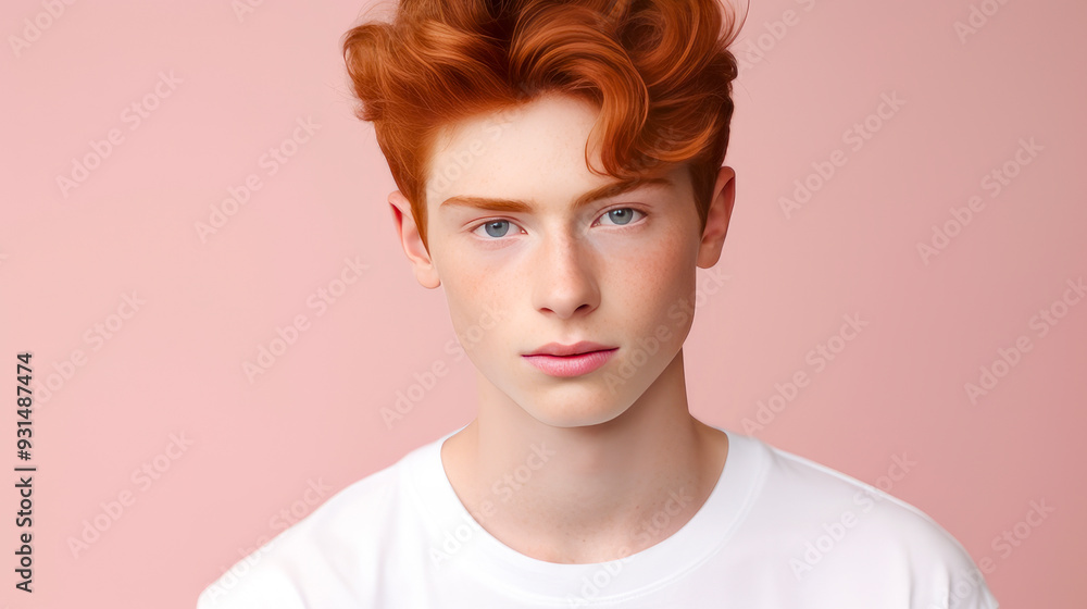 Portrait of a happy serious red-haired confident teenage guy with perfect skin, light pink background, banner. Portrait of a happy serious red-haired confident teenage guy with perfect skin, light pink background, banner.