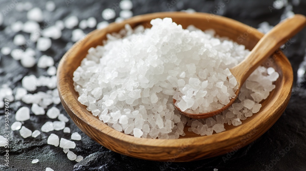 Coarse Sea salt on wooden plate, Sea salt, Epsom salt, Himalayan salt, bath salt ingredients Coarse Sea salt on wooden plate, Sea salt, Epsom salt, Himalayan salt, bath salt ingredients