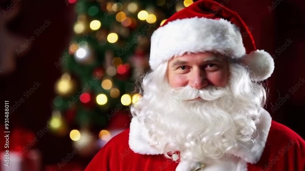 Santa Claus, with a jolly smile, looks directly at the camera. Santa Claus, with a jolly smile, looks directly at the camera.