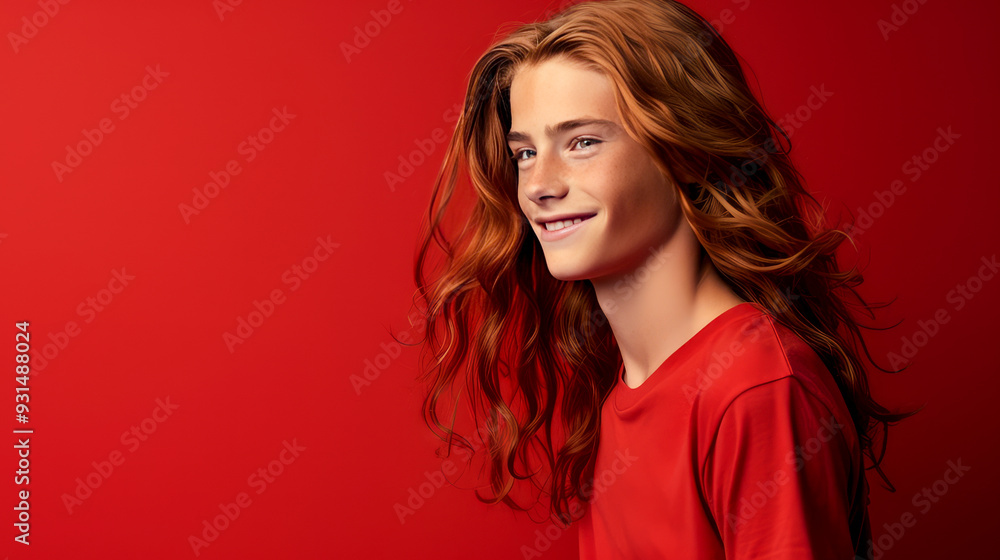 Portrait of a happy smiling red-haired, long haired confident teenage guy with perfect skin, red background, banner. Portrait of a happy smiling red-haired, long haired confident teenage guy with perfect skin, red background, banner.