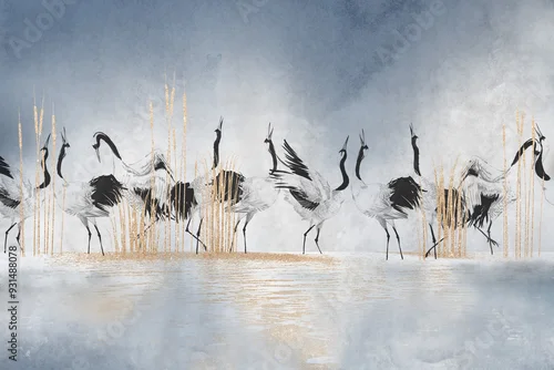 Obraz Dancing cranes over the lake. Illustration with ombre in background. Can be used as wallpaper, wall decoration, poster, card.