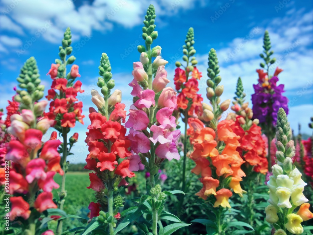 Vibrant snapdragons bloom in a serene garden, their brightly colored spikes of flowers rising towards the sky, creating a playful and joyful natural spectacle. Vibrant snapdragons bloom in a serene garden, their brightly colored spikes of flowers rising towards the sky, creating a playful and joyful natural spectacle.