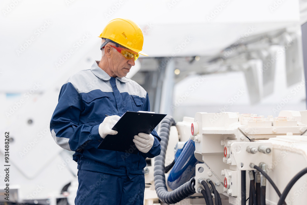 Worker with tablet inspects bulldozer at coal and sand quarry, concept industry truck maintenance Worker with tablet inspects bulldozer at coal and sand quarry, concept industry truck maintenance