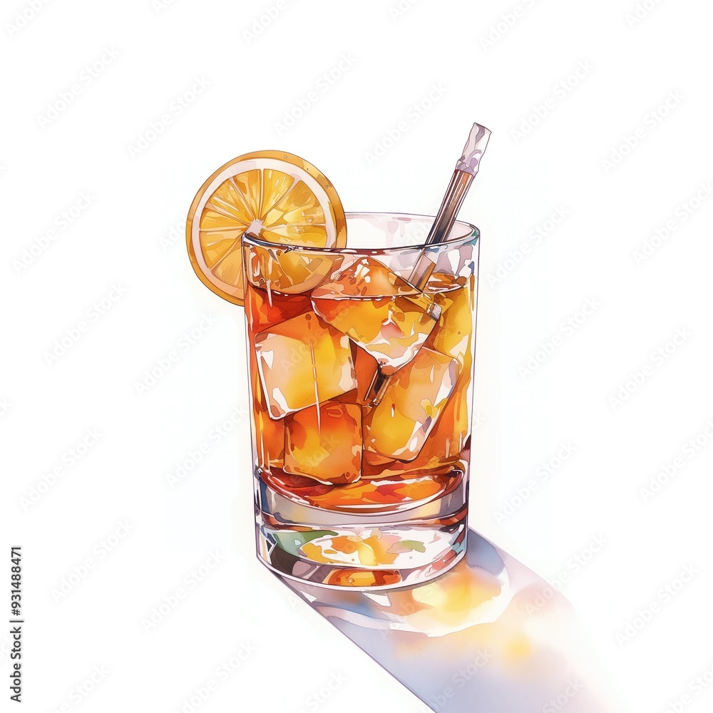 Cocktail watercolor painting, brown whiskey sour alcoholic beverage hand-painted illustration. Isolated on white background. Suitable for drink, menu, banner for advert Cocktail watercolor painting, brown whiskey sour alcoholic beverage hand-painted illustration. Isolated on white background. Suitable for drink, menu, banner for advert